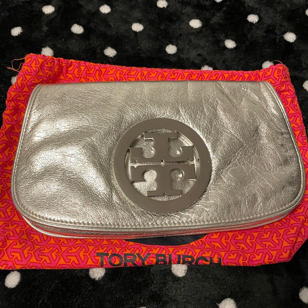 Authentic Tory Burch Silver Over Shoulder/Clutch … - image 1